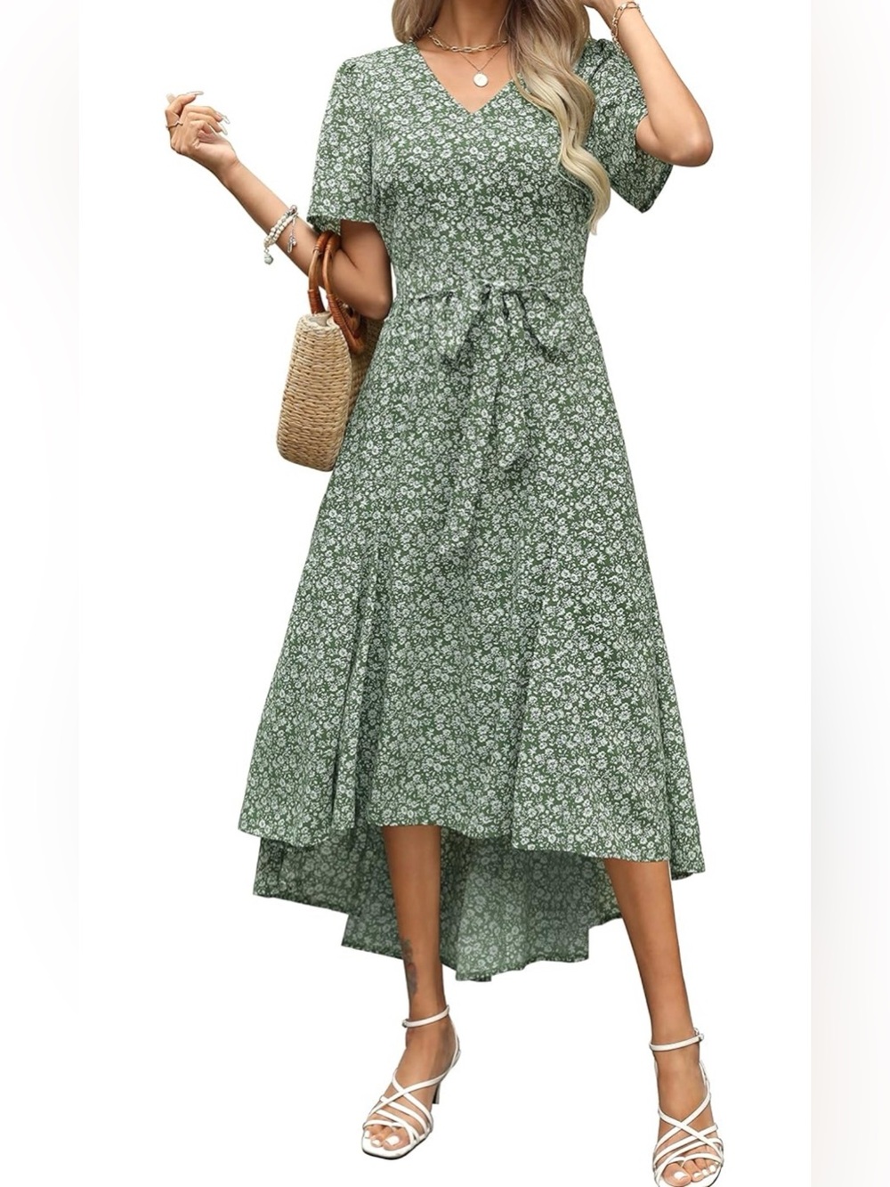 Green Floral High-Low Midi Dress XXL Modest Flattering